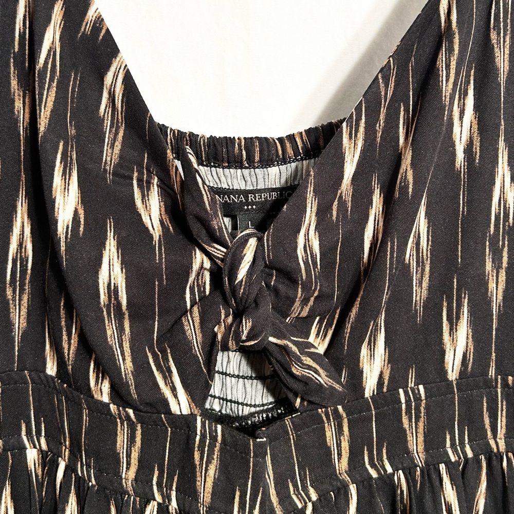 WOMENS LARGE BLACK MULTI PRINT TIE FRONT SHIRRED BACK ADJUSTABLE STRAP DRESS - Picture 4 of 10